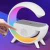 Multifunkciós okos LED lámpa RGB világítással 15W vezeték nélküli töltővel és Bluetooth hangszóróval - fehér