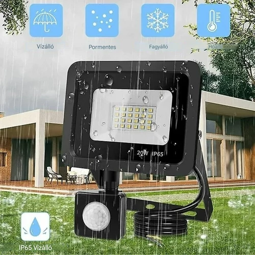 OUILA 20W LED reflektor mozgásérzékelővel IP65 vízálló kültéri világítás - fekete (KE22-707)