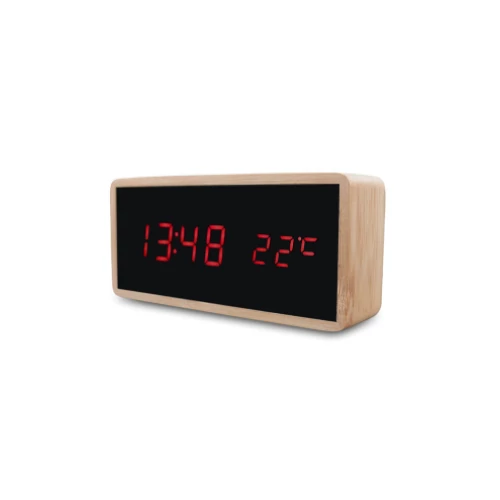 Digitális óra LED kijelzővel bambusz hatású burkolattal - barna (MS-496)