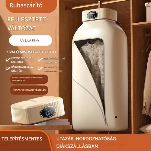 Kompakt hordozható ruhaszárító 360°-os meleg levegő keringtetéssel érintőkijelzővel
