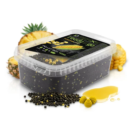Delphin Reaxe READY&GO pellet box method feeder horgászathoz Kukorica-Ananász ízesítéssel 400g (101006479)