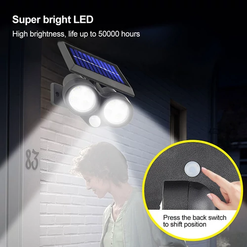 Napelemes és mozgásérzékelős kerti COB LED lámpa 64 leddel - fekete (LF-1906B)