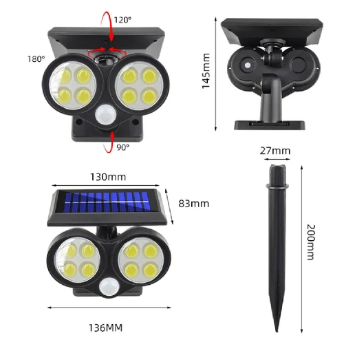 Napelemes és mozgásérzékelős kerti COB LED lámpa 64 leddel - fekete (LF-1906B)