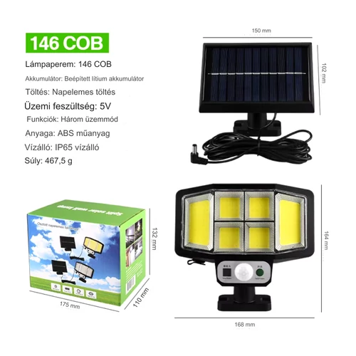 146 COB LED napelemes lámpa PIR érzékelővel és távirányítóval - fekete