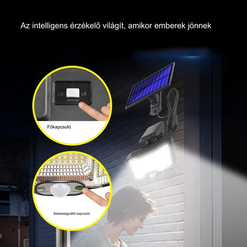 146 COB LED napelemes lámpa PIR érzékelővel és távirányítóval - fekete