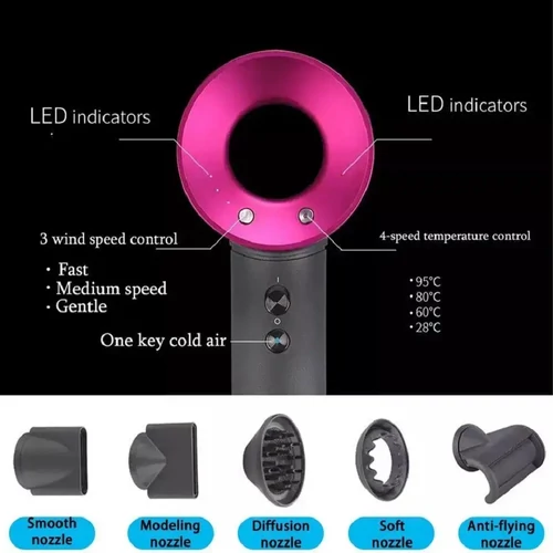 Super Hair 1600W hajszárító ionizációs funkcióval 3 sebességi fokozattal - szürke/rózsaszín