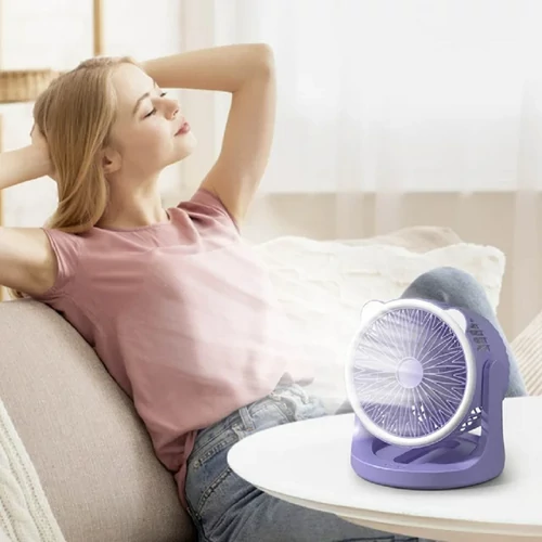 Hordozható asztali akkumulátoros ventilátor LED világítással 360° forgatható fejjel - Választható színben (00173)