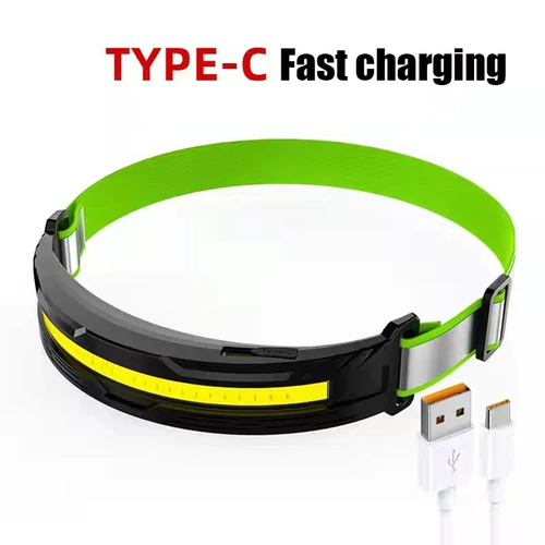 COB LED fejlámpa USB Type-C töltéssel 230° világítási szöggel 4 üzemmóddal - zöld/fekete (FA-T128)