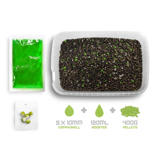 Delphin Reaxe READY&GO pellet box method feeder horgászathoz Fokhagyma-Vajsav ízesítéssel 400g - zöld-fehér