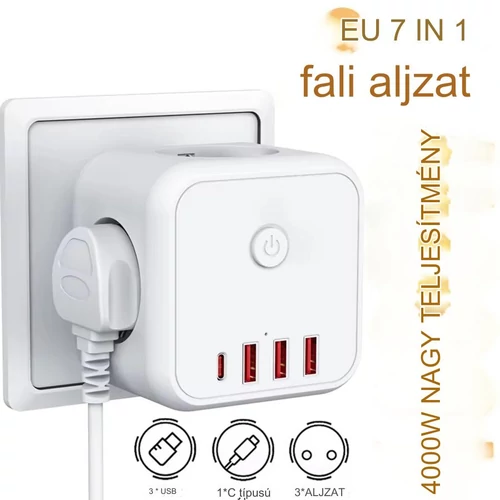 7 az 1-ben kábel nélküli hálózati aljzat, 3 utas többfunkciós aljzat 3 USB-A és 1 Type-C csatlakozással 5V/3,4A - fehér (KE-24-357)