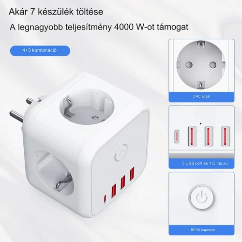 7 az 1-ben kábel nélküli hálózati aljzat, 3 utas többfunkciós aljzat 3 USB-A és 1 Type-C csatlakozással 5V/3,4A - fehér (KE-24-357)