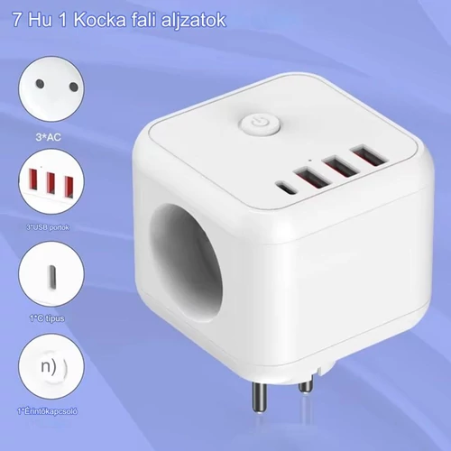 7 az 1-ben kábel nélküli hálózati aljzat, 3 utas többfunkciós aljzat 3 USB-A és 1 Type-C csatlakozással 5V/3,4A - fehér (KE-24-357)