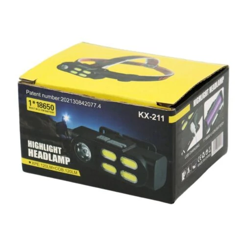 KX-211 LED újratölthető fejlámpa 4 világítási móddal IPX5 vízállósággal - fekete