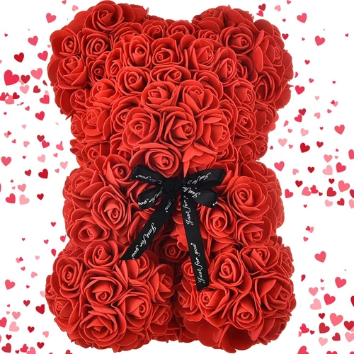 Rózsasziromból készült mackó díszdobozban - piros (01903)
