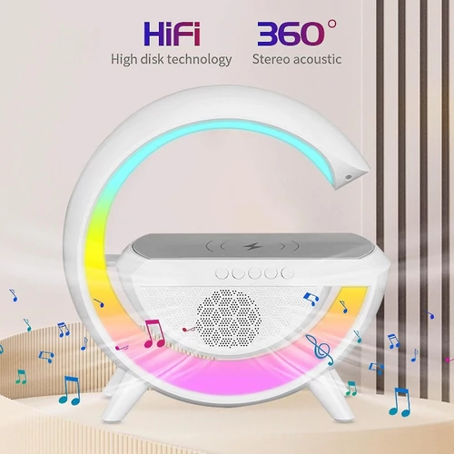 Multifunkciós okos LED lámpa RGB világítással 15W vezeték nélküli töltővel és Bluetooth hangszóróval - fehér