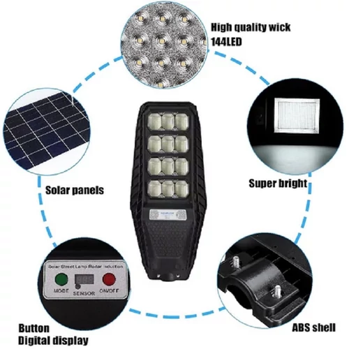 200W napelemes utcai LED lámpa távirányítóval, mozgásérzékelővel és tartókonzollal